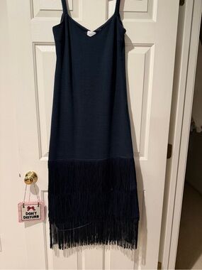 Saylor Navy Blue Fringe Midi Dress Size Large NWOT